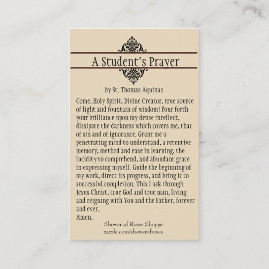 ST. THOMAS AQUINAS PRAYER HOLY CARD VISITEKAARTJE (Achterkant)