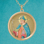 St. Thomas Becket met zwaard in Miter (P 005) Goud Vergulden Ketting<br><div class="desc">In dit lange portret van een laat-19e-eeuwse devotionele prent, wordt St. Thomas Becket afgebeeld volgens zijn vroegste type: Hij wordt afgebeeld in zijn prime: lang, slank en schoongemaakt. Hij houdt zijn aartsbisschoppelijk kruis in zijn rechterhand en draagt een lectionarium of evangelieboek in zijn linkerhand. Hij is gekleed in bijna volledige...</div>
