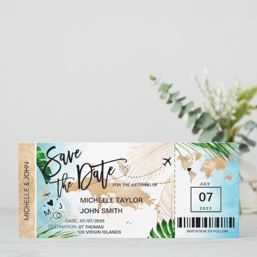 ST THOMAS Save the Date Boarding Pass Beach Kaart (Staand voorkant)