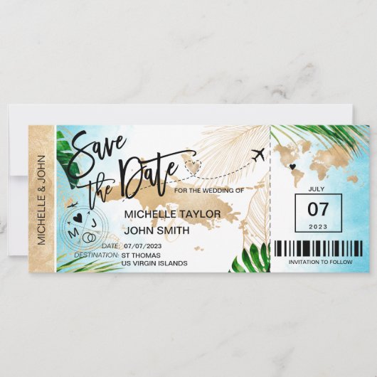ST THOMAS Save the Date Boarding Pass Beach Kaart (Voorkant)