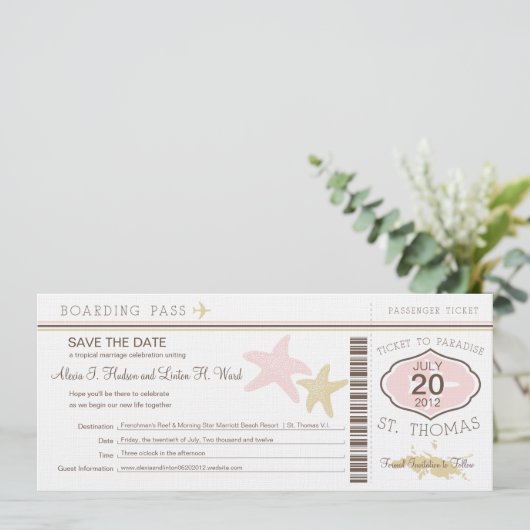 St. Thomas Wedding Boarding Pass Save The Date (Staand voorkant)