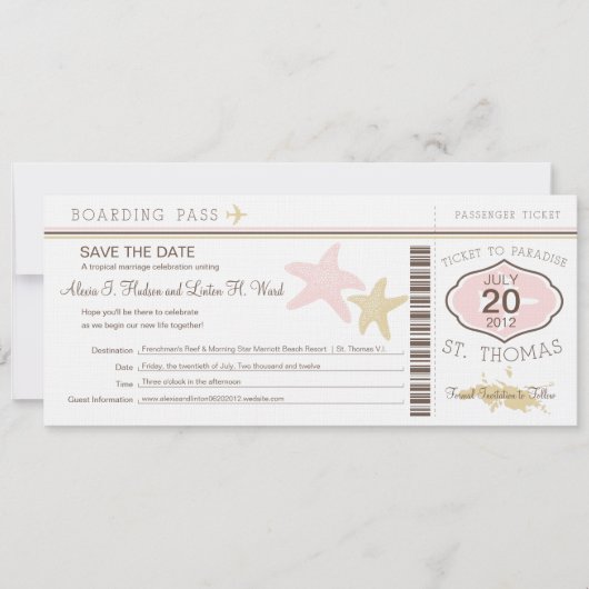St. Thomas Wedding Boarding Pass Save The Date (Voorkant)