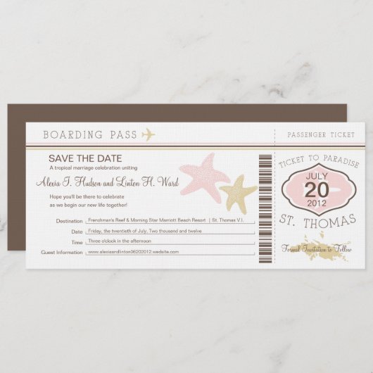 St. Thomas Wedding Boarding Pass Save The Date (Voorkant / Achterkant)