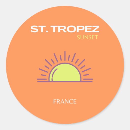 St. Tropez, Frankrijk, Sunset, Travel Art, Oranje Ronde Sticker (Voorkant)