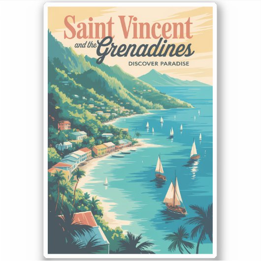 St Vincent en de Grenadines Landschap Retro Sticker (Voorkant)