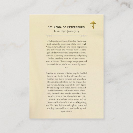 St. Xenia of Petersburg Orthodox Prayer Card Plaatskaartje (Achterkant)
