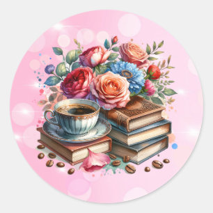 Sta op en schijn  koffiekopje en bloemen ronde sticker