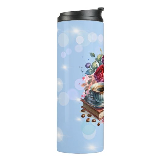 Sta op en schijn koffiekopje en bloemen thermosbeker (Gedraaid links)