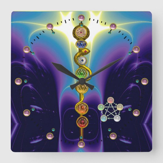 STAAF VAN ASCLEPIUS 7 CHAKRAS, YOGA, SPIRITUELE VIERKANTE KLOK (Voorkant)