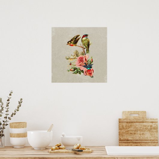  staafvogels en Rozen landschapsschilderingen Poster (Keuken)