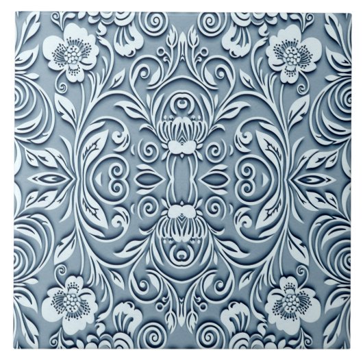 Staal Blauw Symmetrische Embossed Floral Design Tegeltje (Voorkant)