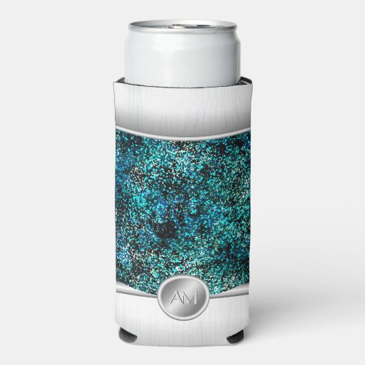 Staal en groen glitter monogram telefoonhoesje seltzer blikjeskoeler (Seltzer Voorkant)