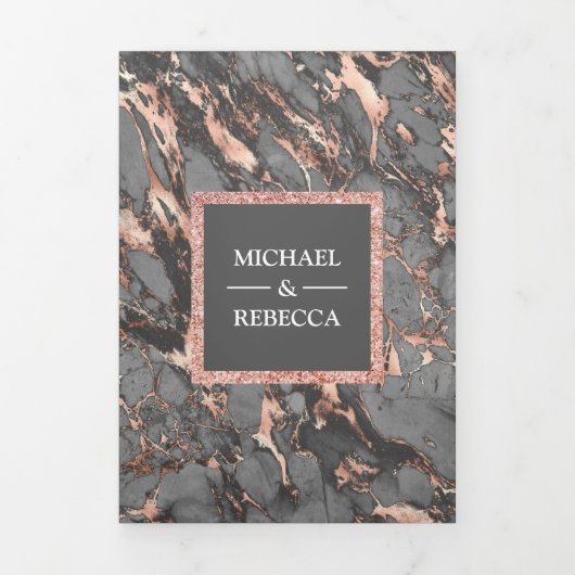 Staal Grijs Marmeren Roos Gouden Glitter Foto Brui Drieluik Uitnodiging (Cover)