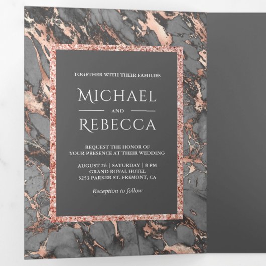 Staal Grijs Marmeren Roos Gouden Glitter Foto Brui Drieluik Uitnodiging (Binnenzijde eerst)