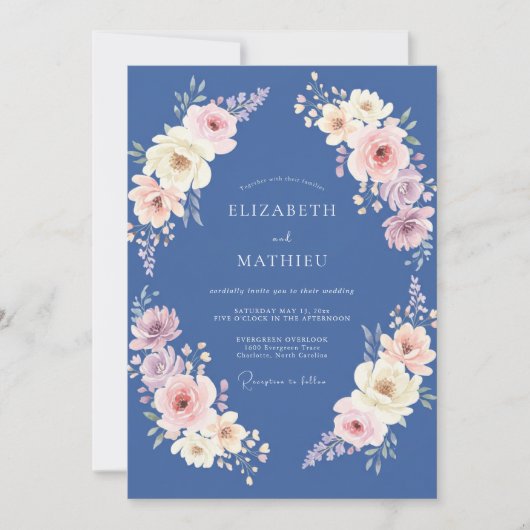 Staalblauwe Pastel Bloemen Bruiloft Kaart (Voorkant)