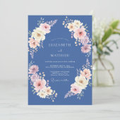 Staalblauwe Pastel Bloemen Bruiloft Kaart (Staand voorkant)
