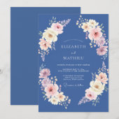 Staalblauwe Pastel Bloemen Bruiloft Kaart (Voorkant / Achterkant)