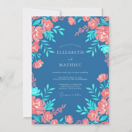 Staalblauwe Perzik Bloemen Bruiloft Kaart (Voorkant)