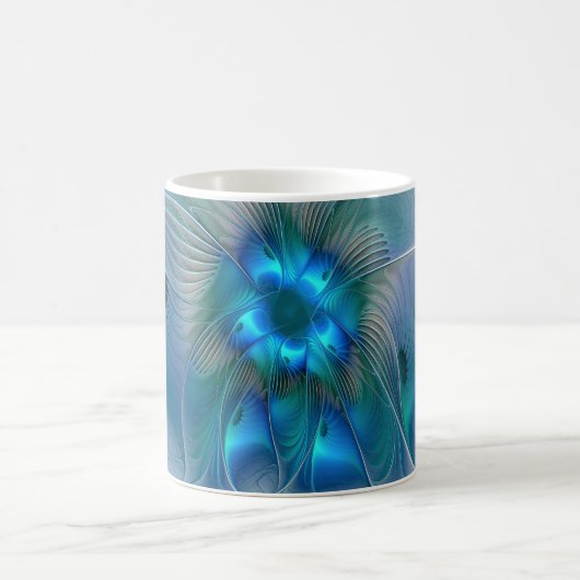 Staande ovaties, abstract blauw turquoise fractaal koffiemok (Center)