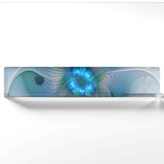 Staande ovaties, abstract blauw turquoise fractaal naambordje (Voorkant)