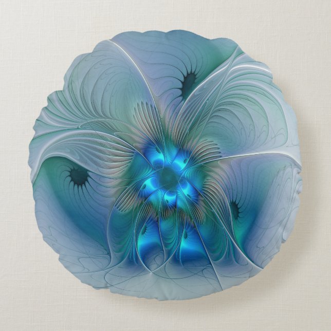 Staande ovaties, abstract blauw turquoise fractaal rond kussen (Voorkant)