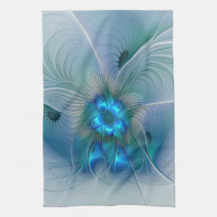 Staande ovaties, abstract blauw turquoise fractaal theedoek