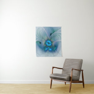 Staande ovaties, abstract blauw turquoise fractaal wandkleed