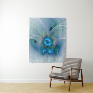 Staande ovaties, abstract blauw turquoise fractaal wandkleed