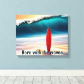 Staande surfplank in strandzand canvas afdruk (Insitu (Houten vloer))