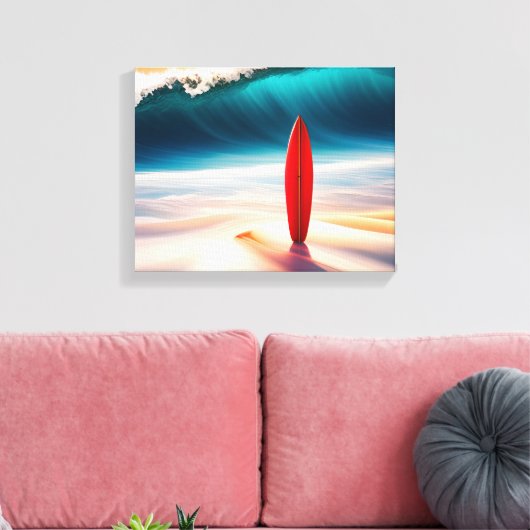 Staande surfplank in strandzand canvas afdruk (Insitu (Woonkamer))