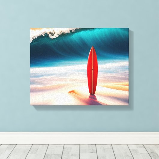 Staande surfplank in strandzand canvas afdruk (Insitu (Houten vloer))