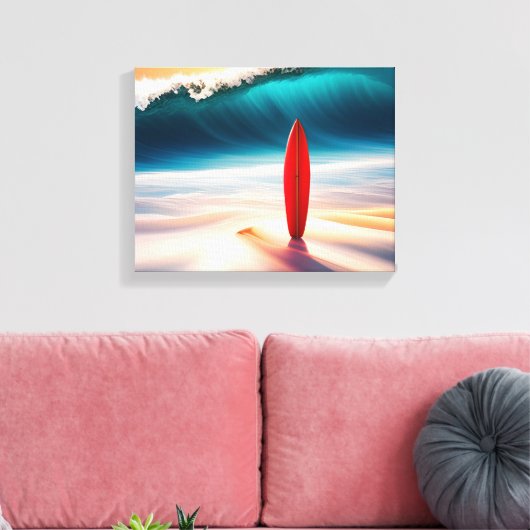 Staande surfplank in strandzand canvas afdruk (Insitu (Woonkamer))