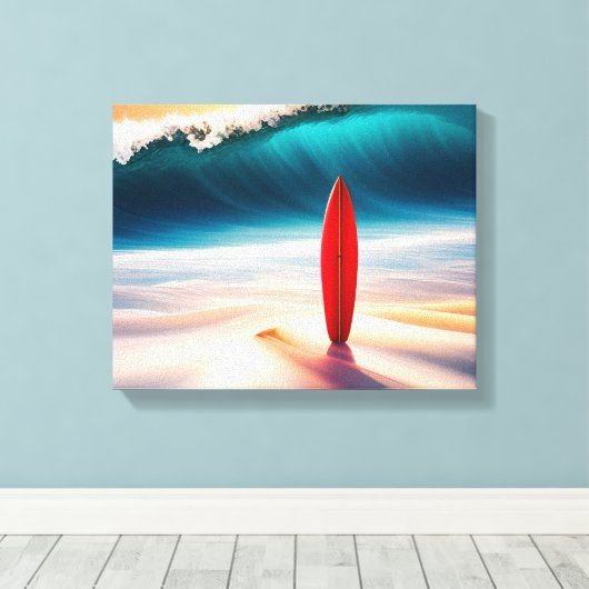 Staande surfplank in strandzand canvas afdruk (Insitu (Houten vloer))