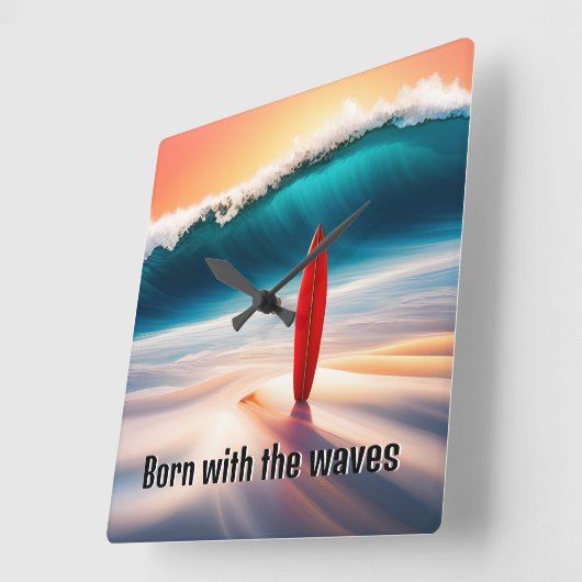 Staande surfplank in Zand met Wave Vierkante Klok (Hoek)