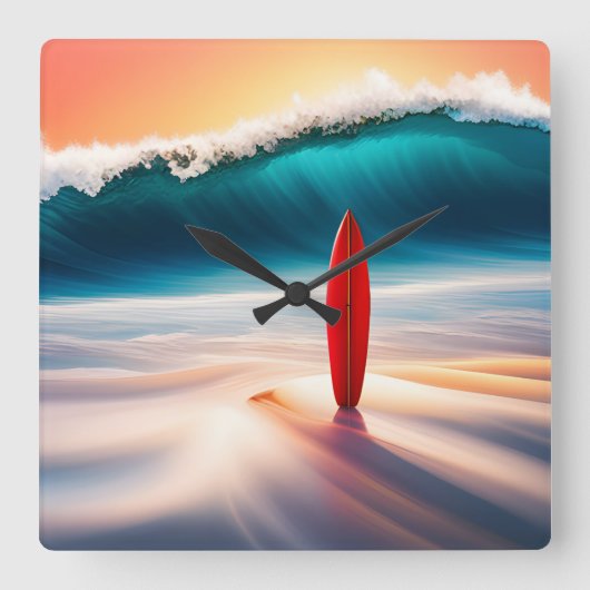Staande surfplank in Zand met Wave Vierkante Klok (Voorkant)