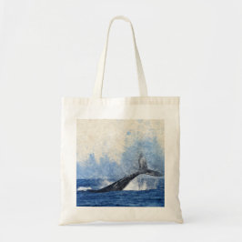 Staart van blauwe walvis spetterend in oceaan-kuns tote bag