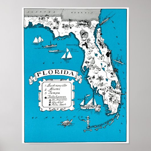  staat Florida Kaart Kustmuur Decor Poster (Voorkant)