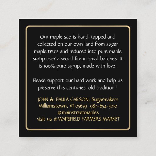 Staat Naam MAPLE STROOP VISITEKAARTJE met druppels (Achterkant)