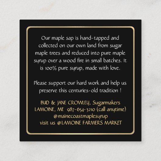 Staat Naam MAPLE STROOP VISITEKAARTJE met druppels (Achterkant)