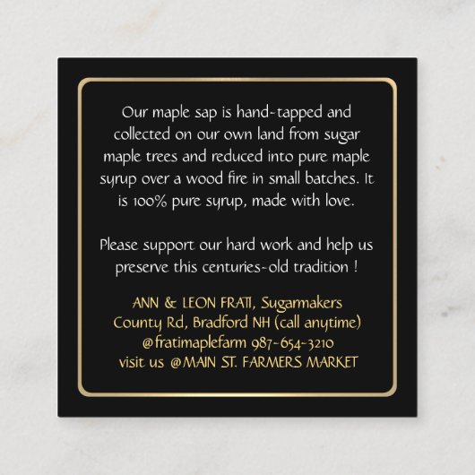 Staat Naam MAPLE STROOP VISITEKAARTJE met druppels (Achterkant)