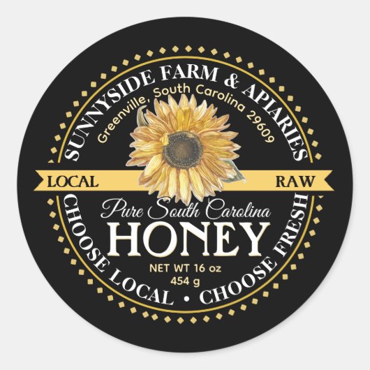 Staat Naam Raw Honey Label met  Zonnebloem (Voorkant)