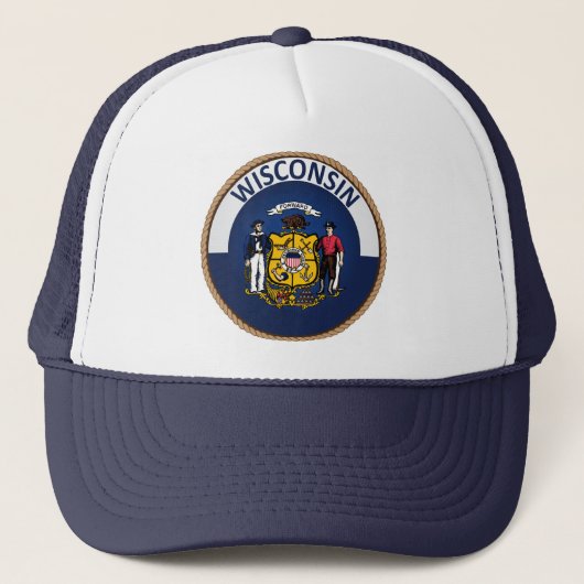 Staat Wisconsin Vlag Seal Trucker Hat Trucker Pet (Voorkant)