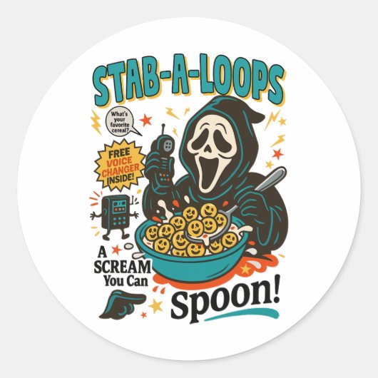 Stab-a-loops Horror Cereal Box Halloween Killer Ba Ronde Sticker (Voorkant)