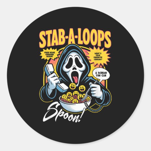 Stab-a-loops Horror Cereal Box Halloween Ronde Sticker (Voorkant)