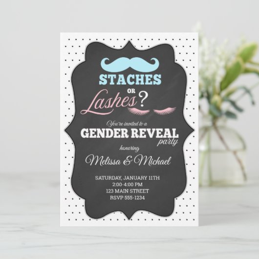 Staches of Lashes Geslacht onthullen Uitnodigingen (Staand voorkant)
