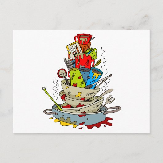 Stack of Dirty Dishes Cartoon Briefkaart (Voorkant)