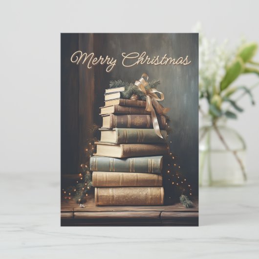 Stack of old books with Christmas Decorations Feestdagenkaart (Staand voorkant)