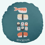 Stack of Sushi Custom Name Rond Kussen<br><div class="desc">Sushi,  nigiri en maki rollen Japanse voedselkunst op een donkergroene achtergrond. Personaliseer door de naam te veranderen of te verwijderen.</div>