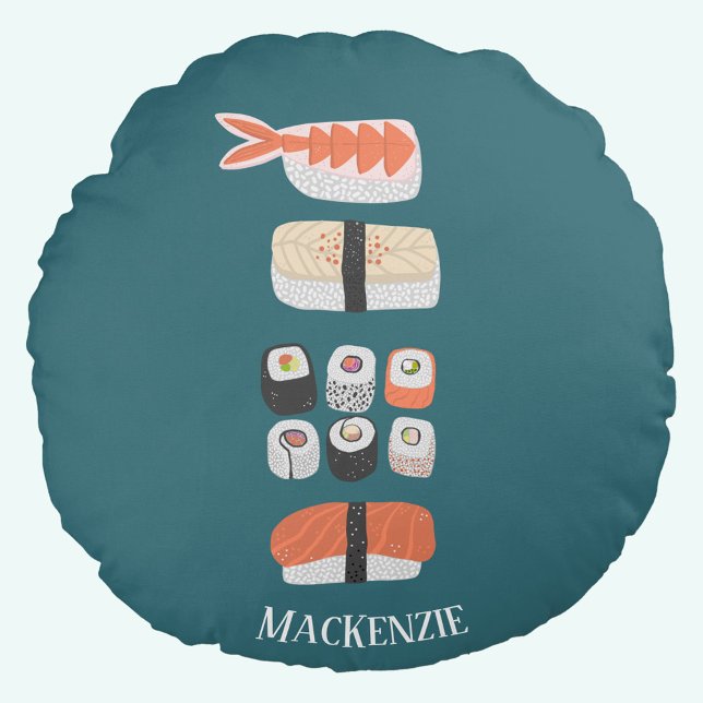 Stack of Sushi Custom Name Rond Kussen (Japanese sushi personalized teal green round pillow or cushion)
