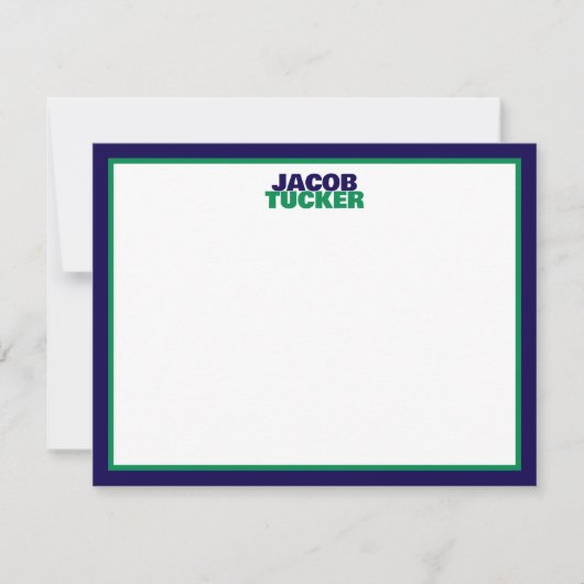 Stacked Name Navy Green Border Preppy Stationery Notitiekaartje (Voorkant)